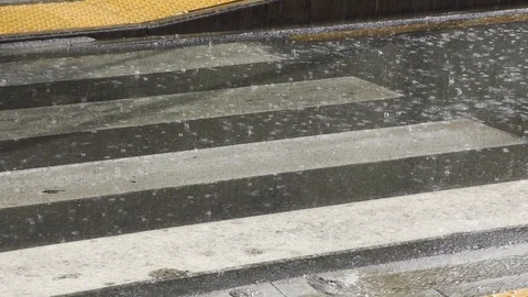 Slow Motion Rain Water Drops Falling On The Street, Crating Big Puddle Stock Footage 99170615