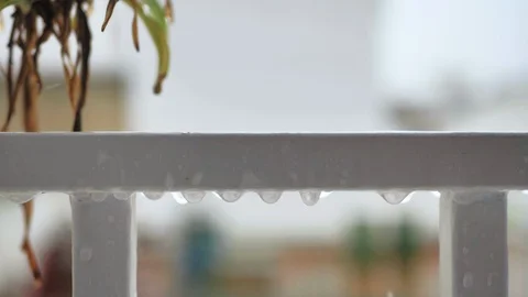 Slow motion rain water drops on white steel grating with dry tips aerial cactus Stock Footage 128540421