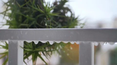Slow motion rain water drops on white steel grating with aerial cactus Stock Footage 128541054