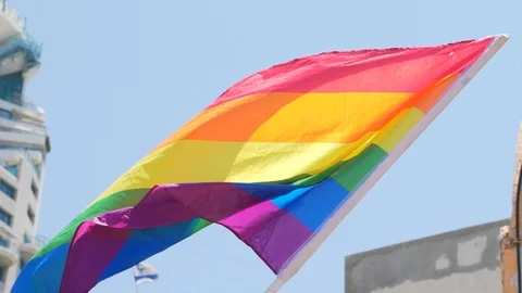 Slow Motion, rainbow flag waving on during Annual Gay Pride Parade, Tel Avi 스톡 동영상 111040520