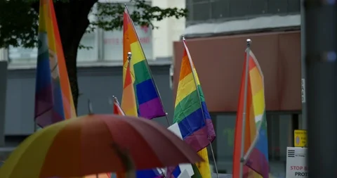 Slow Motion of Rainbow Flags Waved For Gay Rights Parading In Nottingham  Stock Footage 113528112