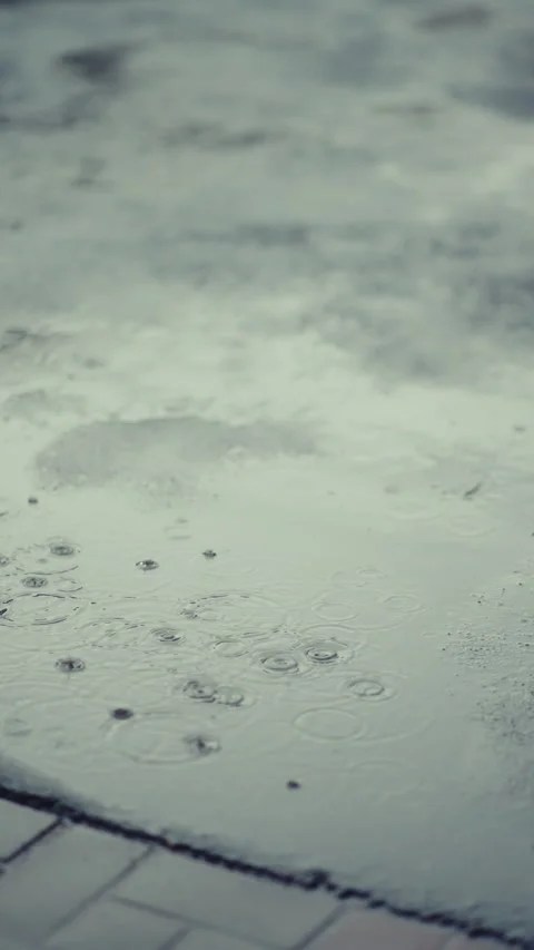 Slow-motion raindrops creating dynamic circular ripples across wet surface, Stock Footage 308439826