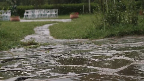 Slow motion. Raindrops fall to the ground. Summer Stock Footage 146157269
