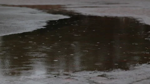 Slow motion raindrops rippling a puddle on a rainy day in Japan Video stock 348587092