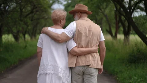 Slow motion. Rear view. An elderly couple hugging, walking through the park on a Vídeos de archivo 273741051