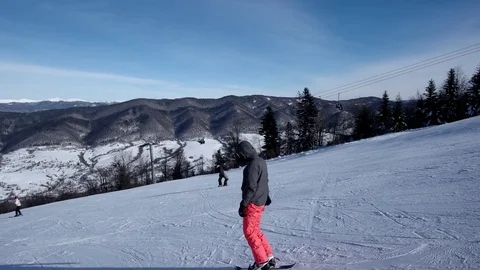 Slow Motion Rear View of Professional Skier Carving Down the Snowy Slope Stock Footage 72101904