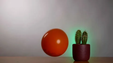 Slow-motion of red and yellow balloon filled with confetti. One exploding Stock Footage 154594855