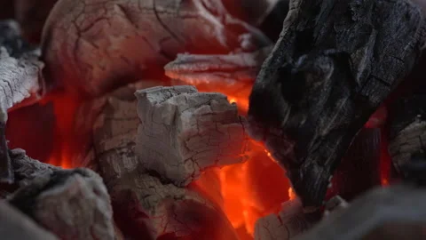Slow motion red fire flame burning on charcoal for cooking food, fire heat hot 库存影片 143917802