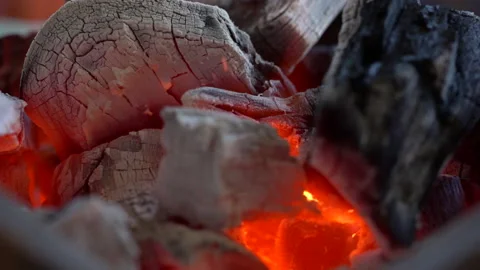 Slow motion red fire flame burning on charcoal for cooking food, fire heat hot Stock Footage 143917803