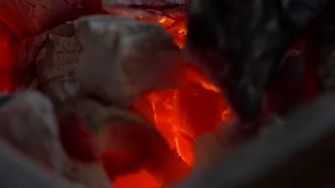 Slow motion red fire flame burning on charcoal for cooking food, fire heat hot Stock Footage 143917844