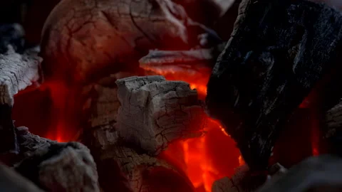 Slow motion red fire flame burning on charcoal for cooking food, fire heat hot 库存影片 143918166
