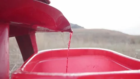 Slow motion Red grape juice flows into a red container against the backdrop of Stock Footage 230133591