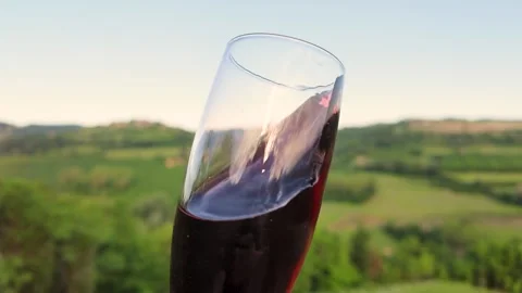 Slow Motion Red Wine Swirling in Glass Overlooking Italian Vineyard Stock Footage 336524397