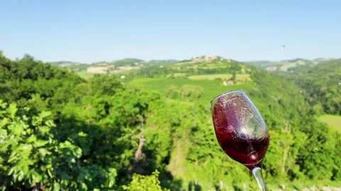 Slow Motion Red Wine Swirling in Glass Over Italian Vineyard Hills Stock Footage 336934990