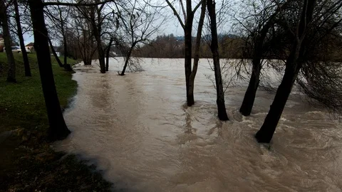 Slow motion right pan water floods river bank trees and grass Stock Footage 122035537