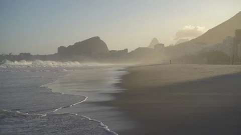 Slow Motion of Rio de Janeiro Copacabana Beach, COVID-19 Coronavirus Crisis Stock Footage 128331863