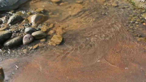 Slow motion ripples of river water surface on sandy and rocky river banks Stock Footage 320977090