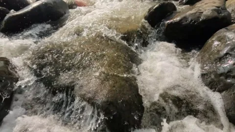 Slow motion of river water flowing through mountain river rocks Stock Footage 319921731