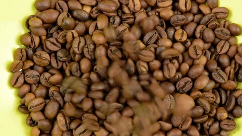 Slow motion roasted coffee beans falling in a green plate Stock Footage 129943793