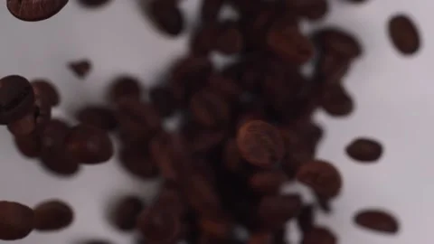 Slow motion of roasted coffee beans fall Video stock 147664180