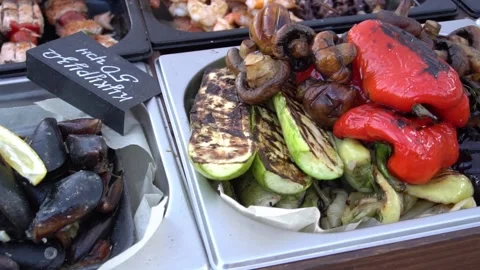 Slow Motion Roasted vegetables Outdoor Stock Footage 153884499