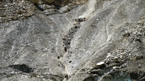 Slow motion rockfall in the mountains close up. Lumps of stones fall down from Stockbeeldmateriaal 93872733