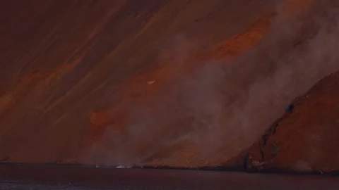 Slow Motion: Rockfall on Stromboli Volcano Slope with Dust Rising Into the Sea Video stock 346958039