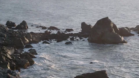 Slow Motion, Rocks at Sunset on Pacific Ocean Coastline — California Stock Footage 255661223