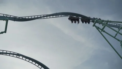 Slow motion of roller coaster ride with spirals at fun park in California Stock Footage 121756619