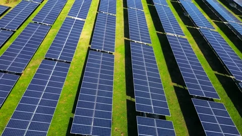 Slow motion of the rows of solar power panels in the green field. Farm producing Stock Footage 236148824