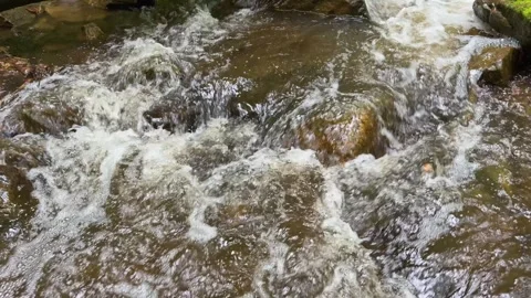 Slow Motion Rushing Stream Water Flowing Over River Rocks 1 Stock Footage 340581194