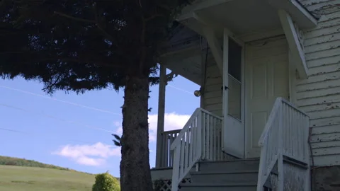 Slow Motion Rustic Home Front Door Swinging on a Sunny Autumn Day Stock Footage 146883691