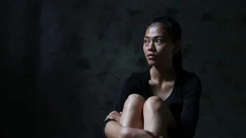 Slow motion, Sad worried young woman  having psychological problem feeling an Stock Footage 201995357