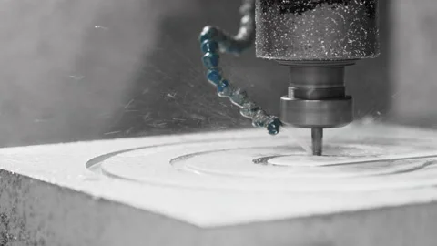 Slow motion scene CNC milling machine cutting tire mold parts Stock Footage 168004596