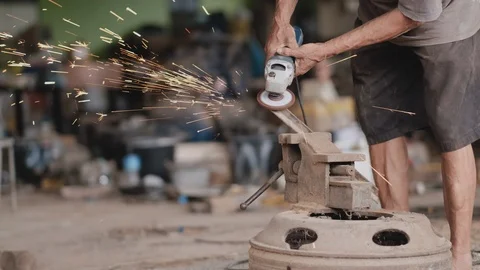 Slow motion scene of craftsman or technician use pin shot machine Stock Footage 118010187