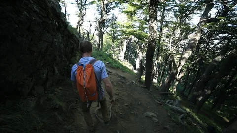 Slow motion scene of young man running fast down a mountain track. Patagonia Stockbeeldmateriaal 126739363