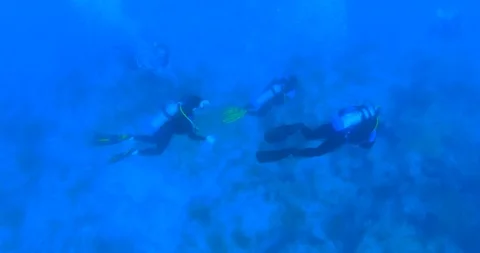 Slow Motion, Scuba Divers in Ocean Surrounded By Bubbles Stock Footage 105817285