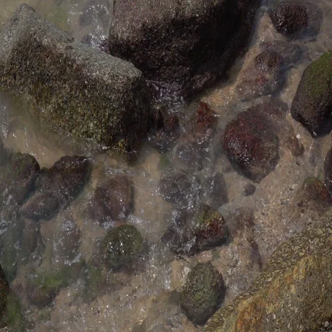 Slow motion of sea swash between rocks. View of water stream, foam, splash Stock Footage 69327174