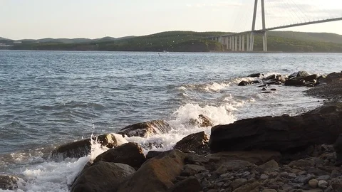 Slow motion sea view overlooking the Russian bridge. Stock-Footage 113622938