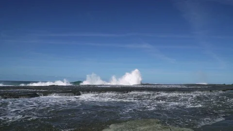 Slow motion sea wave hit rock at coast with big splash Stock Footage 86775320