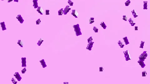 Slow Motion. Seamless Loop Background. Gummy bears candy. Purple jelly candy  스톡 동영상 197014377
