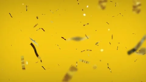 Slow motion. Seamless loop. Gold confetti explosions pack on yellow background.  Stock-Footage 184011893