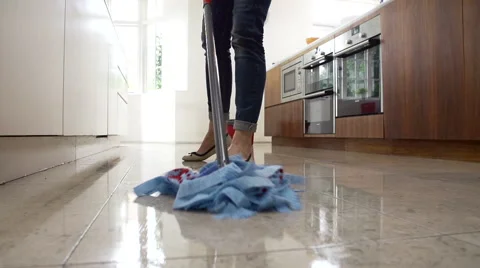 Slow Motion Sequence Of Woman Mopping Kitchen Floor Stock-Footage 40240122