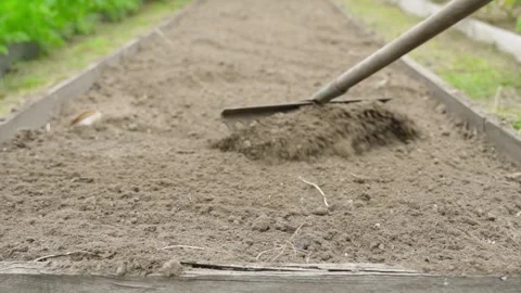 Slow-motion shooting of leveling the appearance of the garden bed with a rake Video stock 316148334