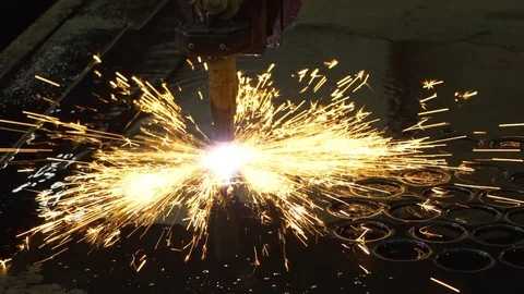 Slow-motion shooting of plasma cutting of metal, factory floor, sparks fly flame Stock Footage 120062831