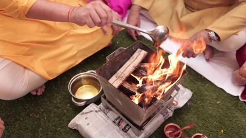 Slow Motion shot of Agni havan kund at an Indian Wedding Function Video stock 170169993