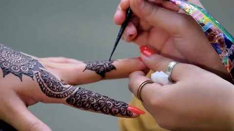 Slow motion shot of applying design of hina mehndi on hand  big close up (3) Stock Footage 199278860