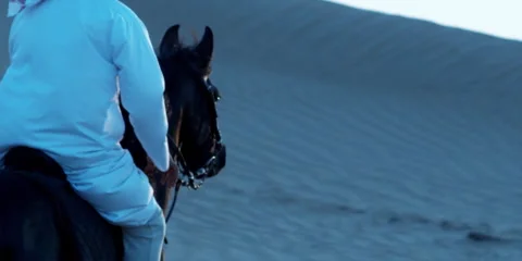 Slow motion shot of an Arabic man riding a horse in a desert. Stock Footage 46871542