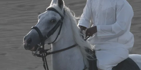 Slow motion shot of an Arabic man riding a horse in a desert. Stock Footage 46871572