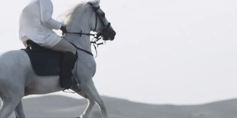 Slow motion shot of an Arabic man riding a horse in a desert. Video stock 46871580